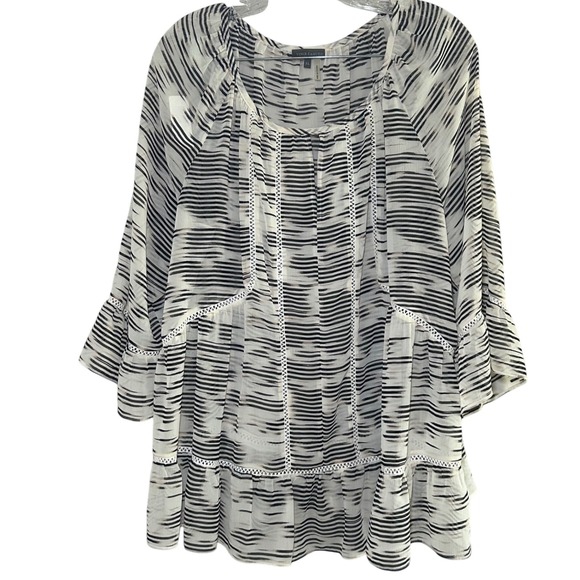 Vince Camuto Black White Striped Tiered Tunic Top Womens XL Flared Sleeve boho - Picture 1 of 9